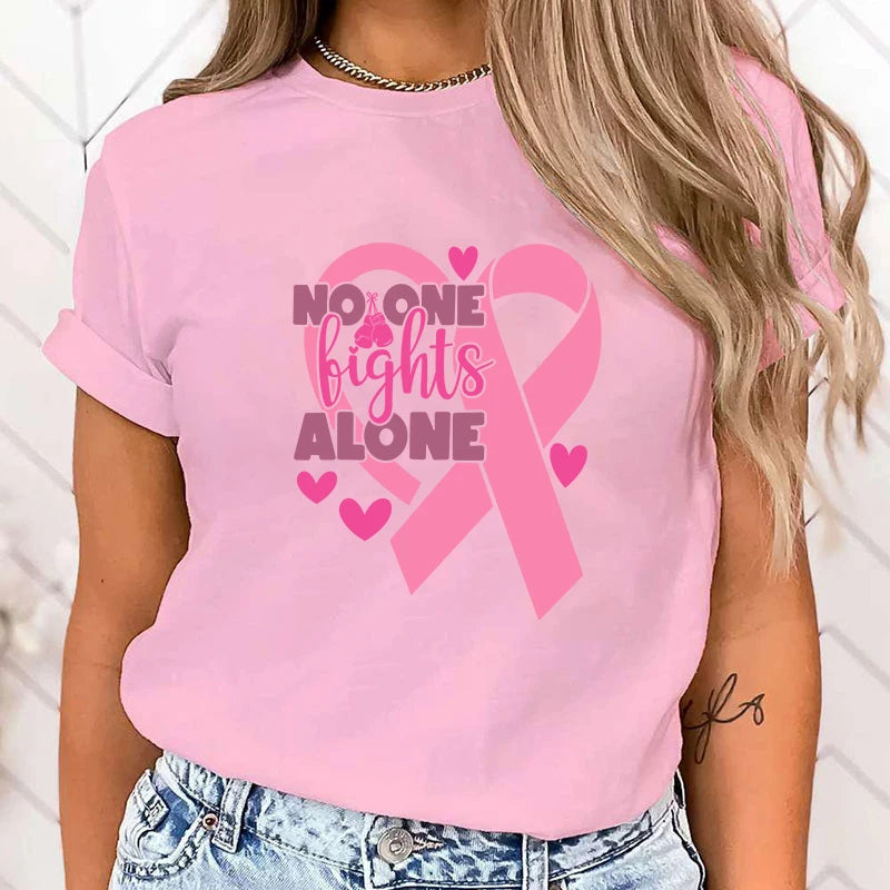 the NOONE FIGHTS ALONE - Funny Breast Cancer Awareness No One Fights Alone Letter Print T-Shirt Womans Casual Tops Summer Cool Tops