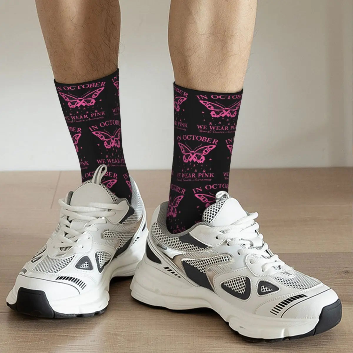 the IN OCTOBER - In October We Wear Pink Butterfly Breast Cancer Awareness Socks