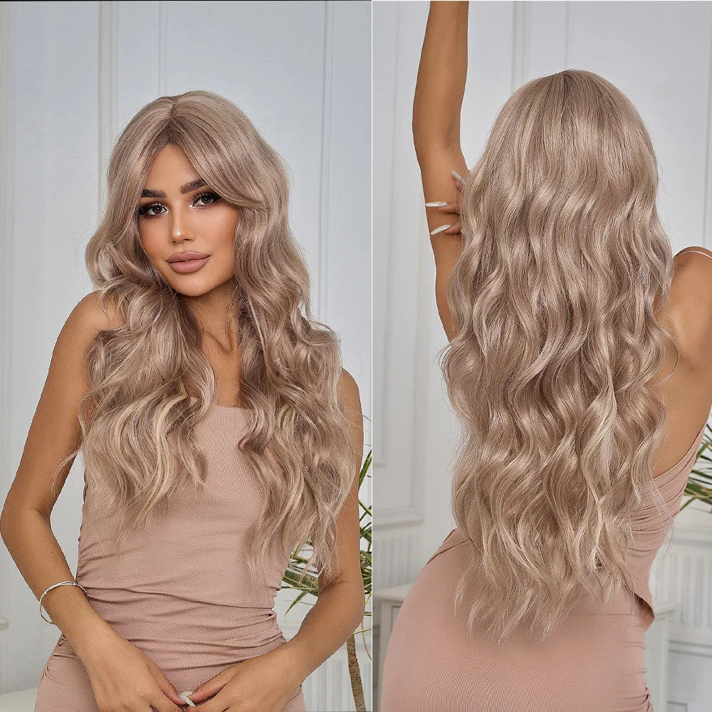 the RACHEL - Synthetic Light Brown Natural Medium Long Wavy Hair Wig with Bangs for Women, Heat Resistant Daily Cosplay Party Wigs