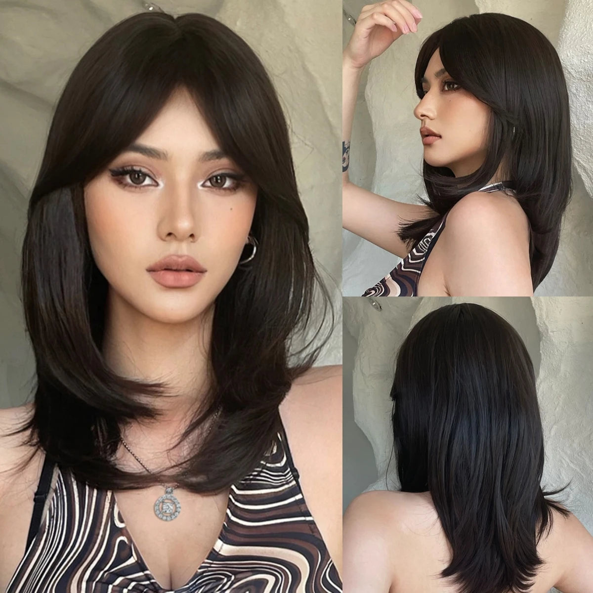 the MULAN - Shoulder Black Brown Layered Synthetic Natural Hair Wigs for Women, Straight Daily Women's Heat-Resistant Wig with Curtain Bangs