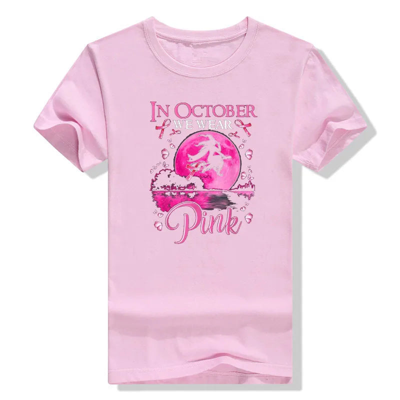 the PINK MOON - In October We Wear Pink Ribbon Witch Halloween Costume Breast Cancer T-Shirt for Women