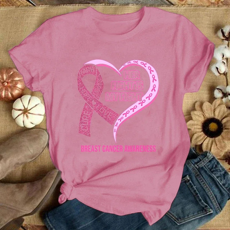 the HER FIGHT - Fashion Breast Cancer Print T-Shirt, Summer Fashion Casual T-Shirts, Short Sleeve Creative Personalized Tops