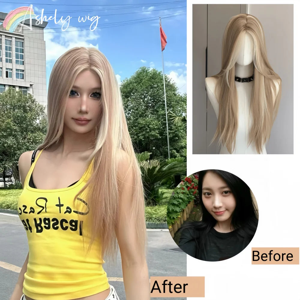 the STRAIGHT UP - Blonde Wig for Women, Long Straight Blonde Brown Wig, Asian American Lace Front Synthetic Wig for Daily Use Cosplay Ombre
