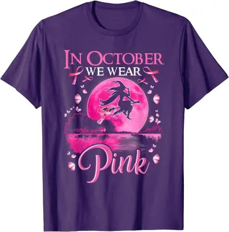 the PINK MOON - In October We Wear Pink Ribbon Witch Halloween Costume Breast Cancer T-Shirt for Women