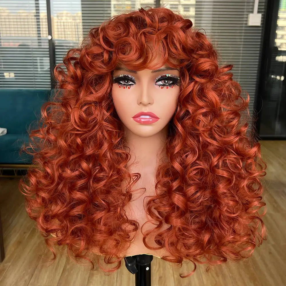 the CURLY SUE - Red Ginger Wig for Women, Long Curly Wave Wigs with Bangs, Copper Synthetic Wig, Natural Cosplay Party Heat Resistant Hair