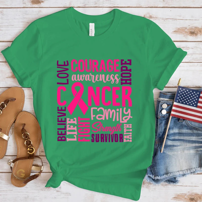 the WORDS OF ENCOURAGEMENT - Breast Cancer Awareness Cancer Letter Printed T-Shirts for Women
