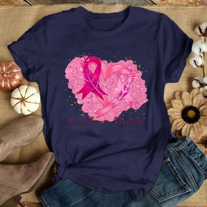 the GLITTER HEART - Breast Cancer Summer Graphic Casual Short Sleeve Round Neck T-Shirts