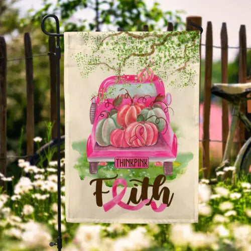 the THINK PINK - Breast Cancer Awareness Truck Pumpkin Faith Think Pink Ribbon Garden Flag