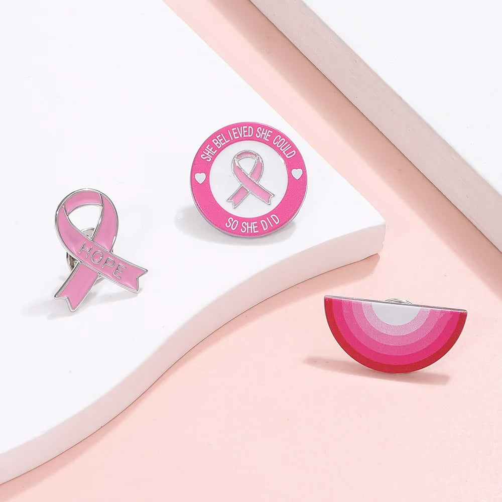 the PINK TRIO - 3 Pieces "She Believed She Could So She Did" Hope Pink Ribbon Breast Cancer Awareness Enamel Brooch Lapel Pin Badge