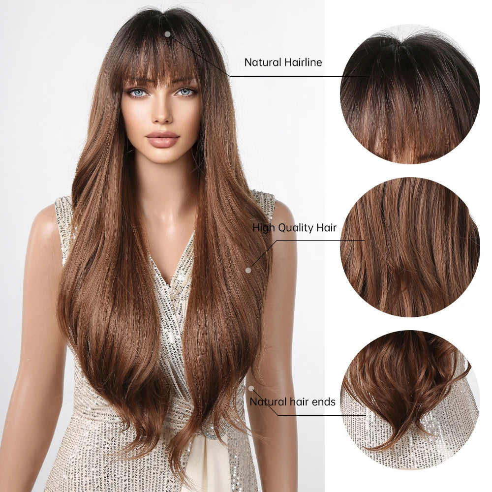 the MADELEINE - Ombre Honey Brown Synthetic Hair Wigs, Long Natural Body Wavy Wig with Bangs, Realistic Daily Party Soft Wig Heat Resistant Fiber