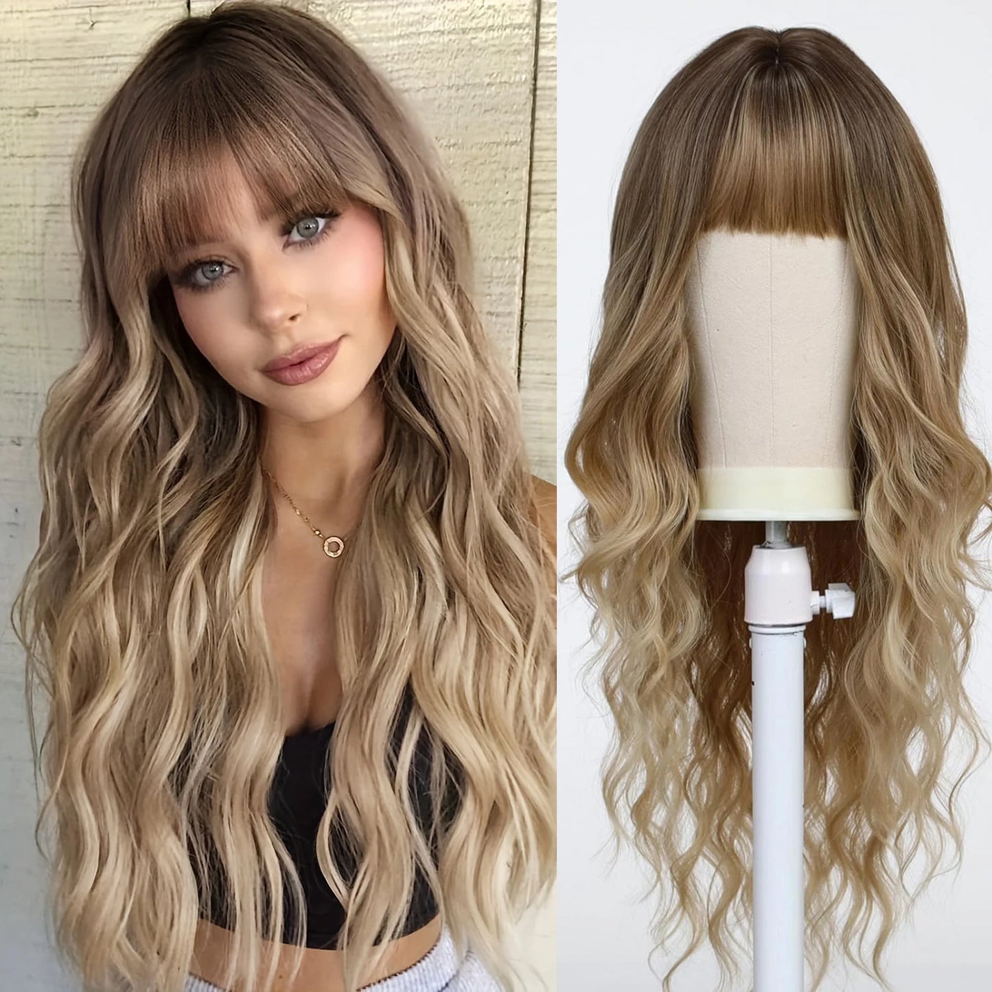 the BANG BADDIE - Ombre Brown Synthetic Long Wavy Wig with Fluffy Bangs for Women, Natural Hair Brown Blonde Highlight Wigs for Daily Cosplay Use