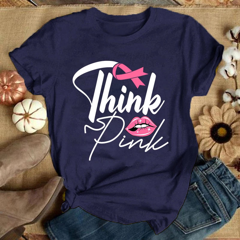 the THINK PINK - Breast Cancer Print Casual T-Shirt for Women, Summer Casual Short Sleeve Tops