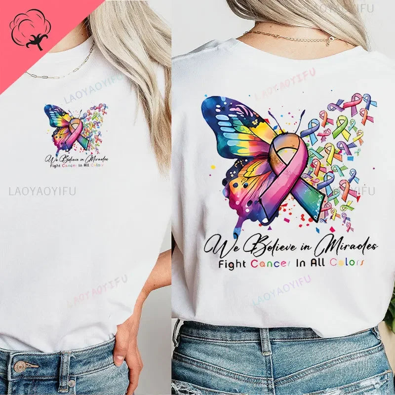 the MIRACLE BELIEVER - Cancer Warrior T-Shirt Butterfly Ribbon Graphic Tees