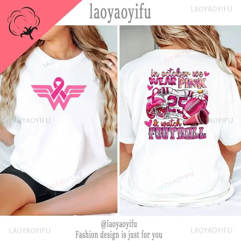 the PINK RIBBON COLLECTION - In October Pink We Wear Graphic T-Shirts for Women Breast Cancer Awareness