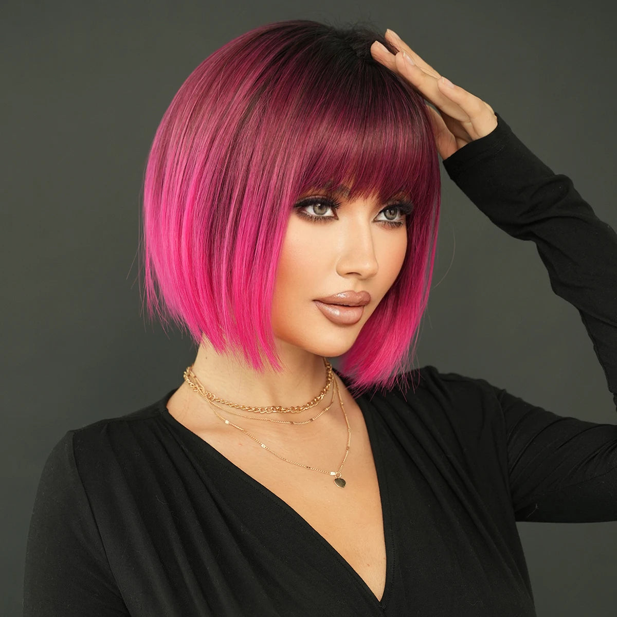 the NAOMI - Rose Pink Short Wig for Women, Daily Party Overhead Dyeing Black Natural Synthetic Lavender Heat Resistant Straight Wigs