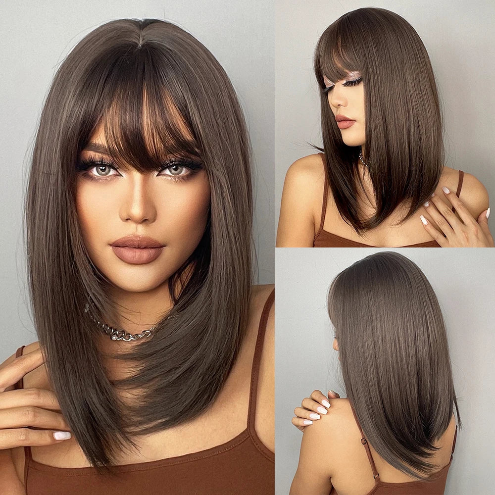 the MADELEINE - Ombre Honey Brown Synthetic Hair Wigs, Long Natural Body Wavy Wig with Bangs, Realistic Daily Party Soft Wig Heat Resistant Fiber