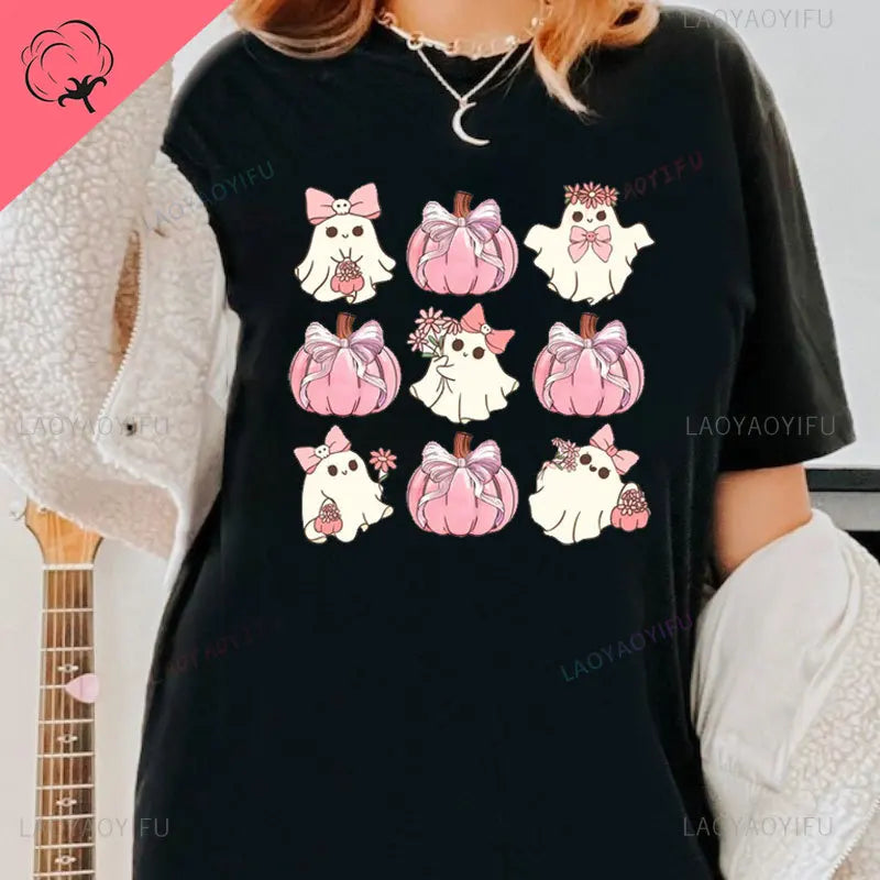 the OCTOBER COLLECTION - In October We Wear Pink Print T-Shirts Ghost Halloween Cute Pink Ghost Breast Cancer Awareness
