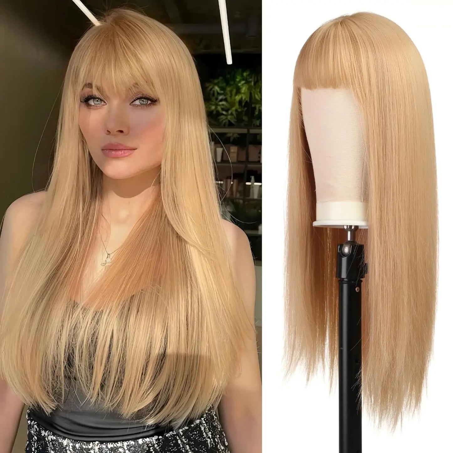 the HOT GIRL CLUB - Long Straight Synthetic Wigs, Air Bangs Natural Heat-Resistant Hair, Women Daily Halloween/Cosplay Party Full Head Cover