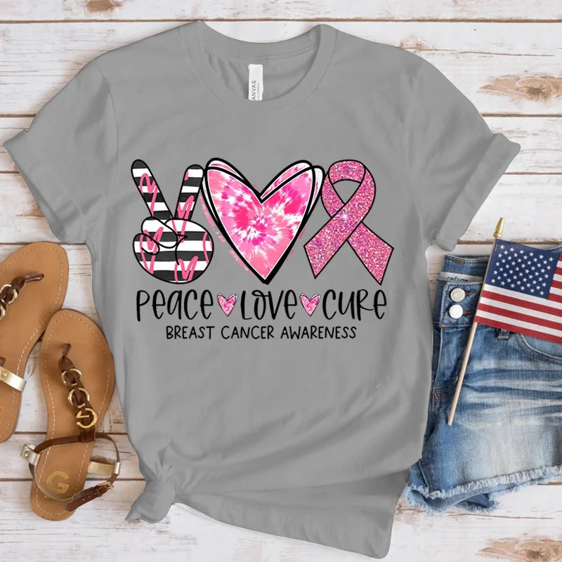 the PEACE LOVE CURE - Breast Cancer Awareness T-Shirt for Women