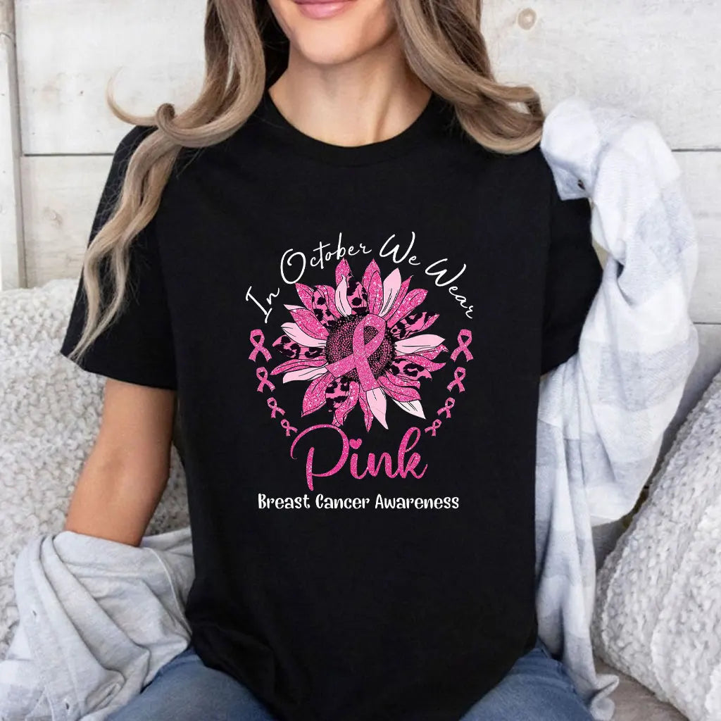 the OCTOBER COLLECTION - In October We Wear Pink Ghosts Cotton T-Shirt Breast Cancer Awareness Halloween T-Shirt Breast Cancer Support Tee