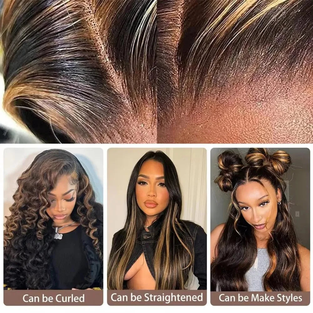 the NICKI - 32 Inch Highlight Lace Front Wig, Human Hair 1B/30 Body Wave Ombre Lace Front Wig, Human Hair 13x6 Lace Frontal Wigs 180 Density
