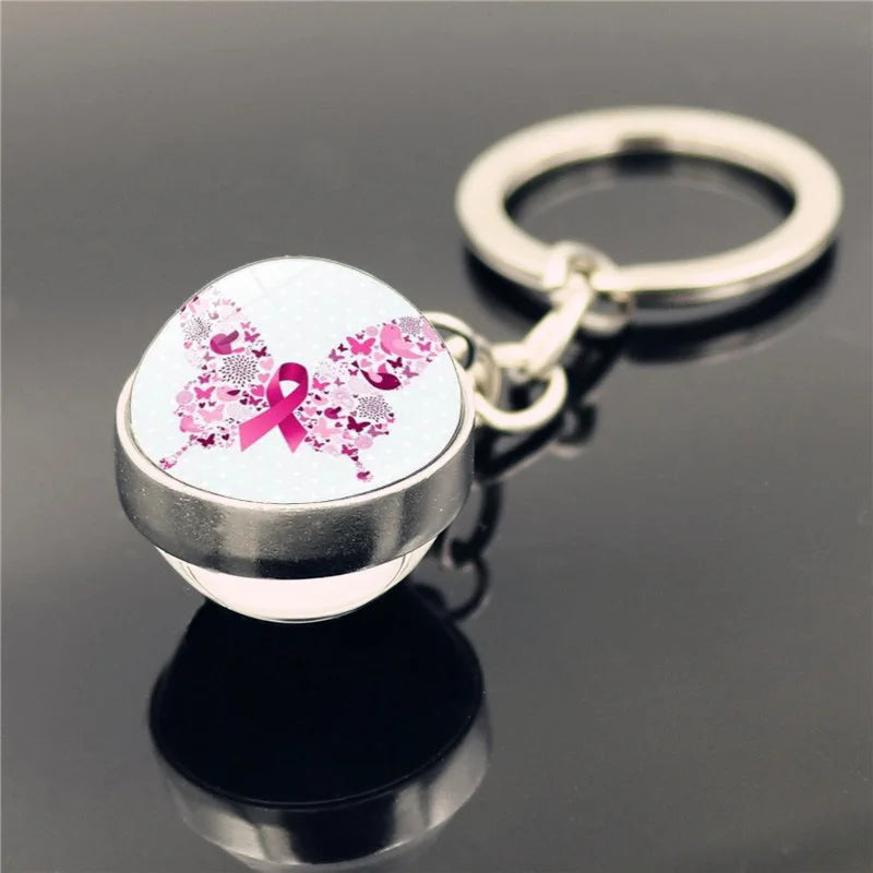 the RIBBON SPHERE - Pink Ribbon Breast Cancer Pendant Keychain