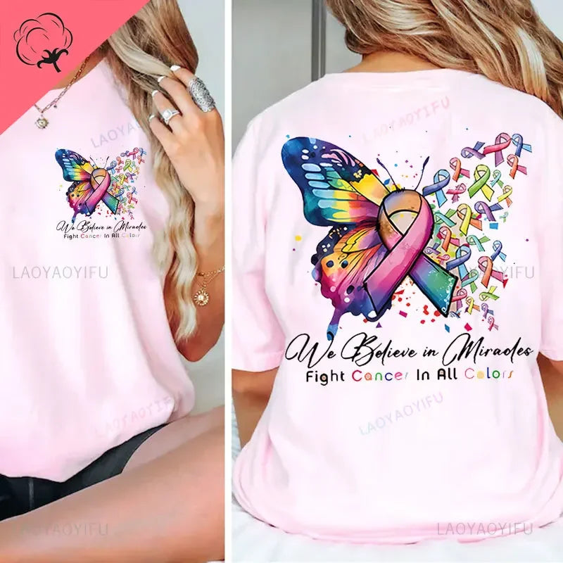 the MIRACLE BELIEVER - Cancer Warrior T-Shirt Butterfly Ribbon Graphic Tees