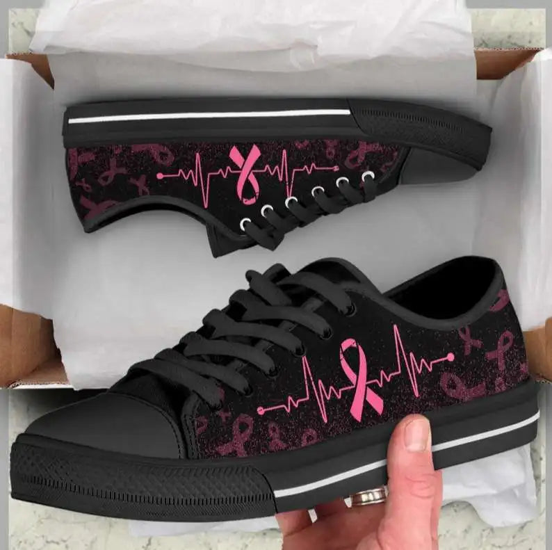 the PINK RIBBON FREQUENCY - Breast Cancer Ribbon Heartbeat Woman/Man Lightweight Fashion Sneakers, Casual Board Shoes. High Quality Canvas Shoes