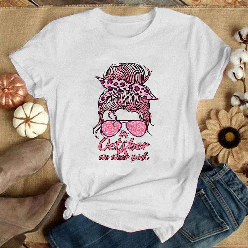 the MESSY BUN - Breast Cancer Printed T-Shirts, Summer Short Sleeve Tee Shirts Round Neck Casual Ladies Tops