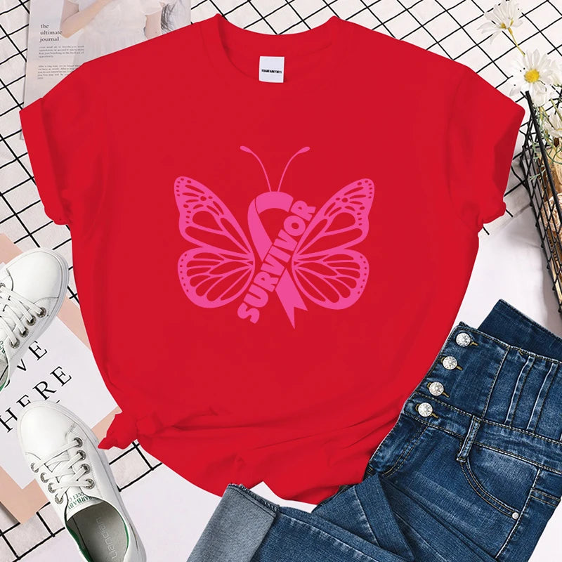 the SURVIVOR BUTTERFLY - Breast Cancer Awareness Survivor Butterfly Printed T-Shirt for Women