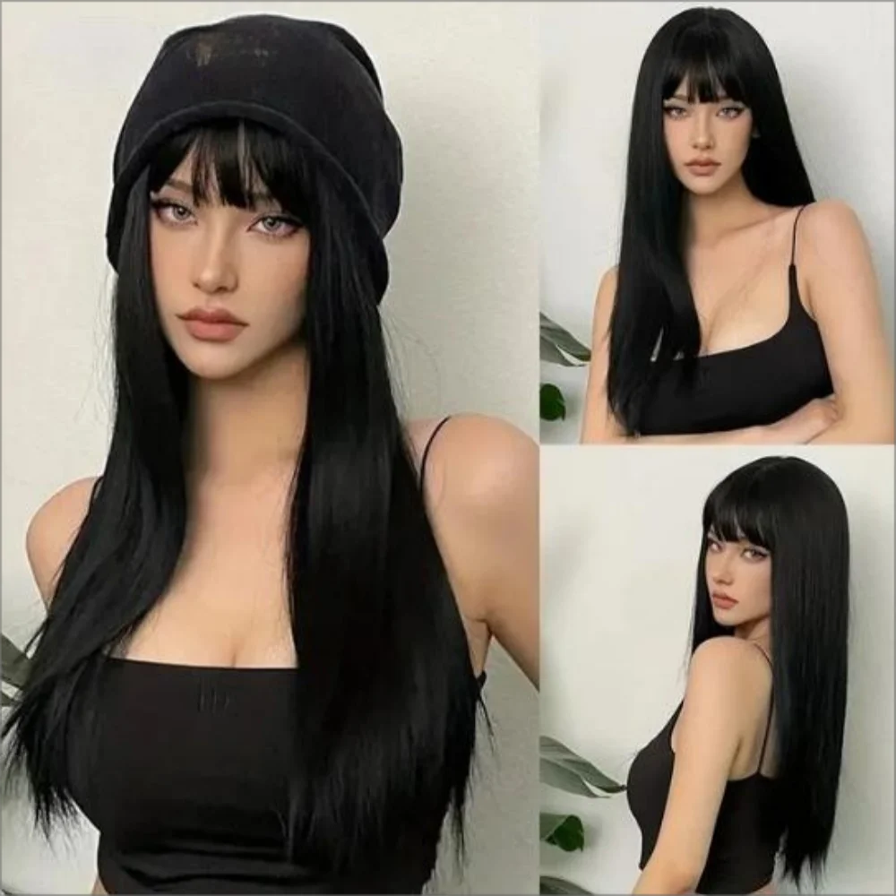 the HOT GIRL CLUB - Long Straight Synthetic Wigs, Air Bangs Natural Heat-Resistant Hair, Women Daily Halloween/Cosplay Party Full Head Cover