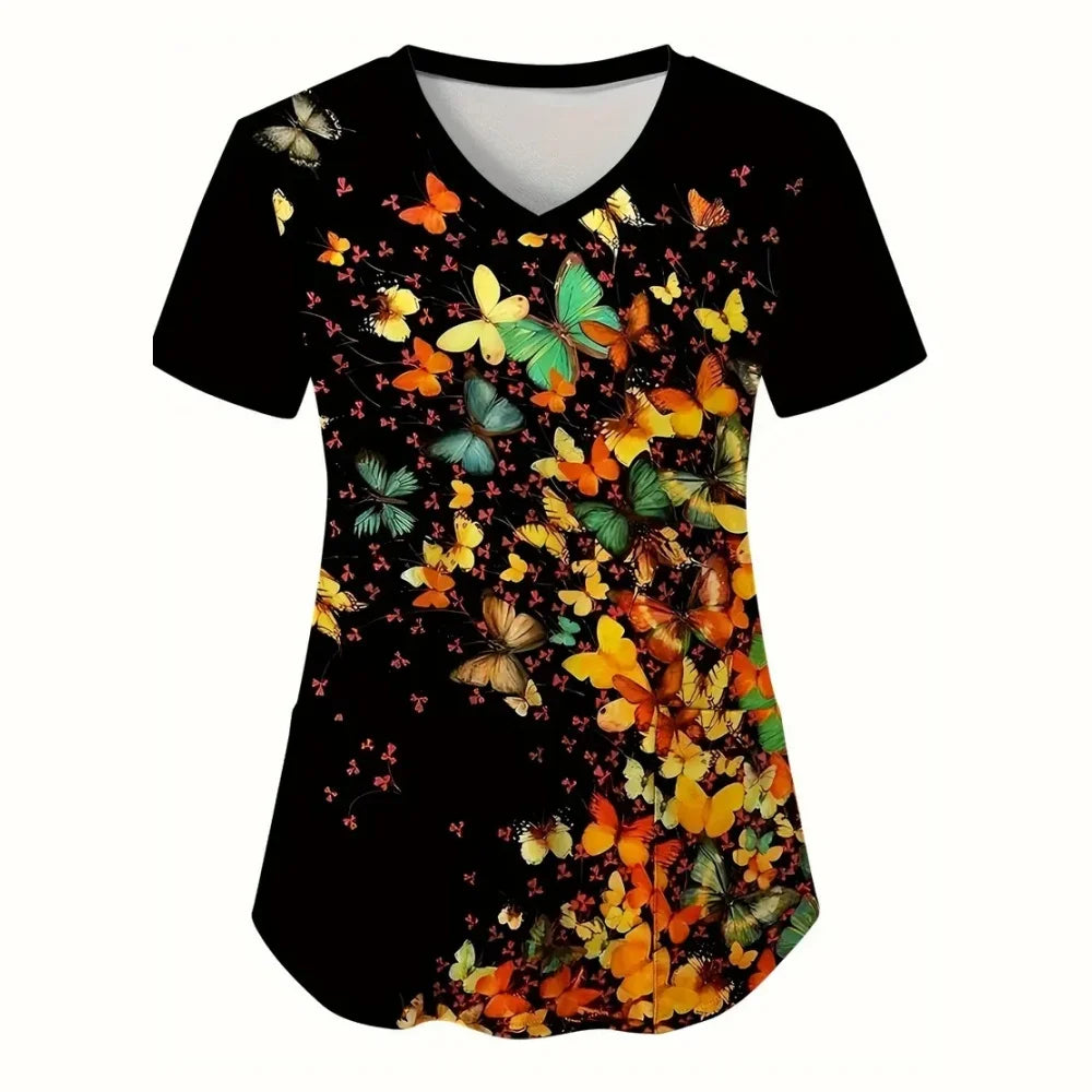 Scrub Medical Woman Elegant Butterfly Print Health Care Nursing V-Neck Short Sleeve Patch Pocket Tops Medical Uniform for Women