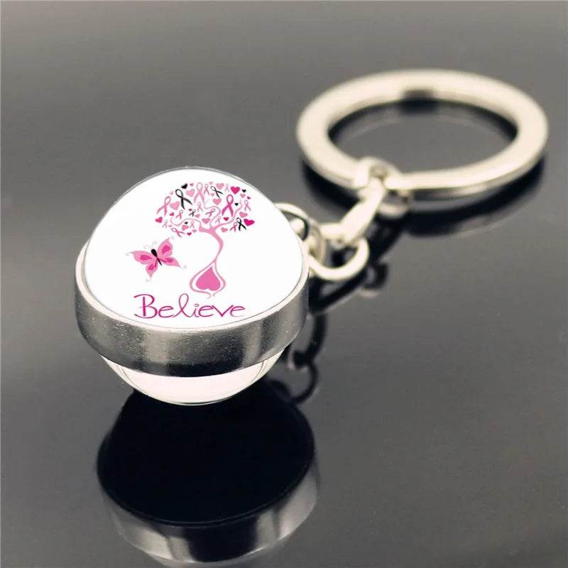 the RIBBON SPHERE - Pink Ribbon Breast Cancer Pendant Keychain