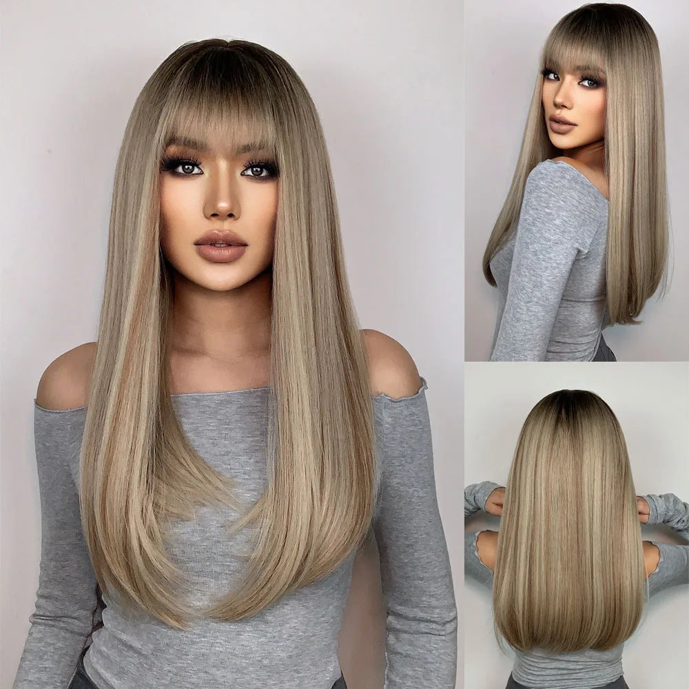 the MADELEINE - Ombre Honey Brown Synthetic Hair Wigs, Long Natural Body Wavy Wig with Bangs, Realistic Daily Party Soft Wig Heat Resistant Fiber