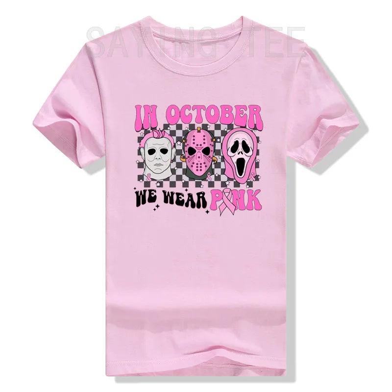 the SCARY MOVIE - Women Horror Movie Halloween Costume Gifts Pink Ribbon Breast Cancer Awareness T-Shirts Funny Novelty Graphic Short Sleeve Tops