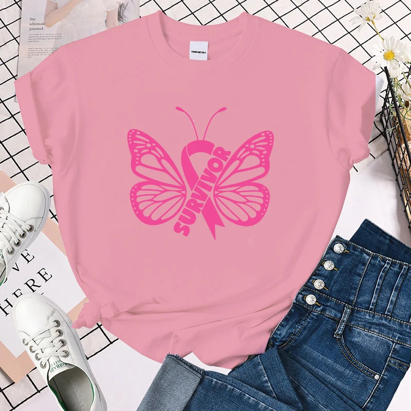 the SURVIVOR BUTTERFLY - Breast Cancer Awareness Survivor Butterfly Printed T-Shirt for Women