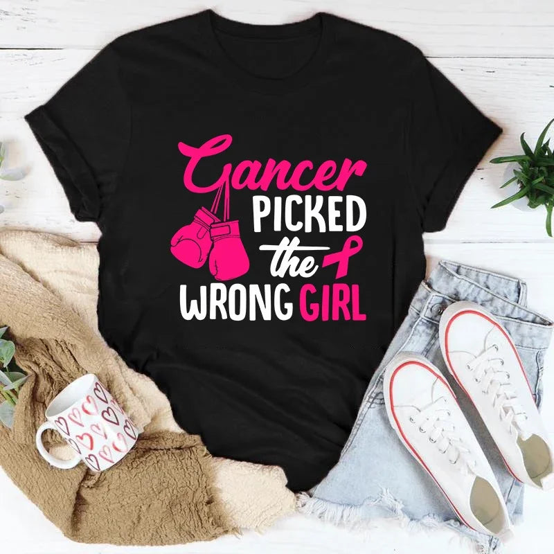 Breast Cancer Cancer Picked The Wrong Girl Printing T-Shirt Fashion Short Sleeve Summer Cool Hip Hop Top Tee