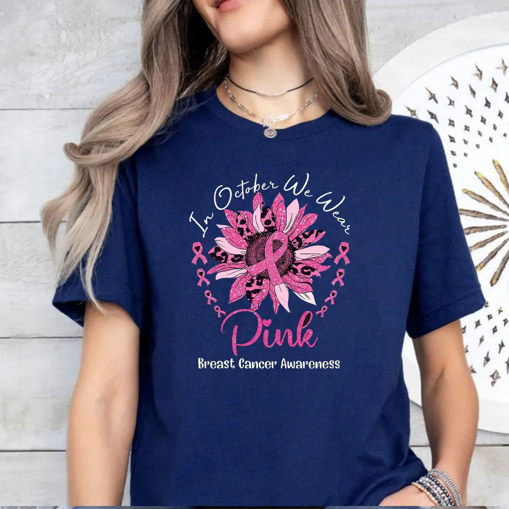 the OCTOBER COLLECTION - In October We Wear Pink Ghosts Cotton T-Shirt Breast Cancer Awareness Halloween T-Shirt Breast Cancer Support Tee