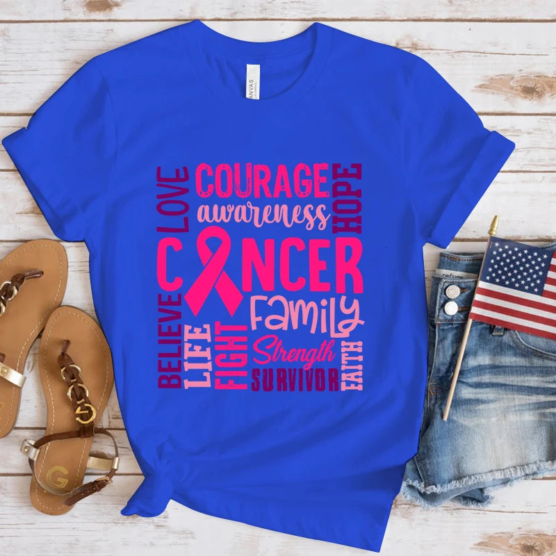 the WORDS OF ENCOURAGEMENT - Breast Cancer Awareness Cancer Letter Printed T-Shirts for Women