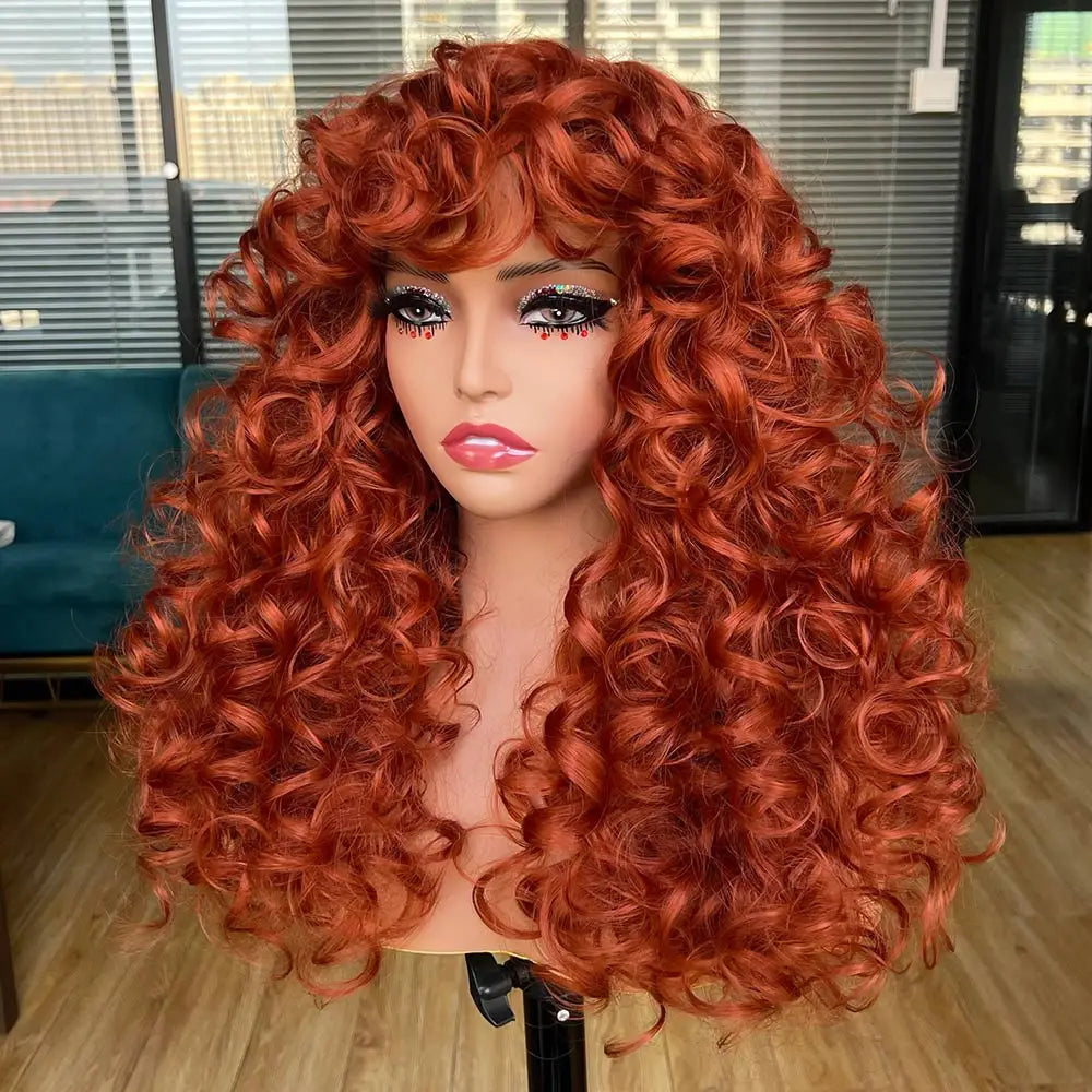 the CURLY SUE - Red Ginger Wig for Women, Long Curly Wave Wigs with Bangs, Copper Synthetic Wig, Natural Cosplay Party Heat Resistant Hair