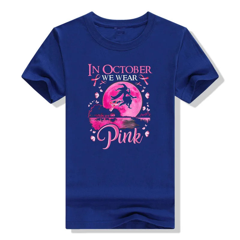 the PINK MOON - In October We Wear Pink Ribbon Witch Halloween Costume Breast Cancer T-Shirt for Women