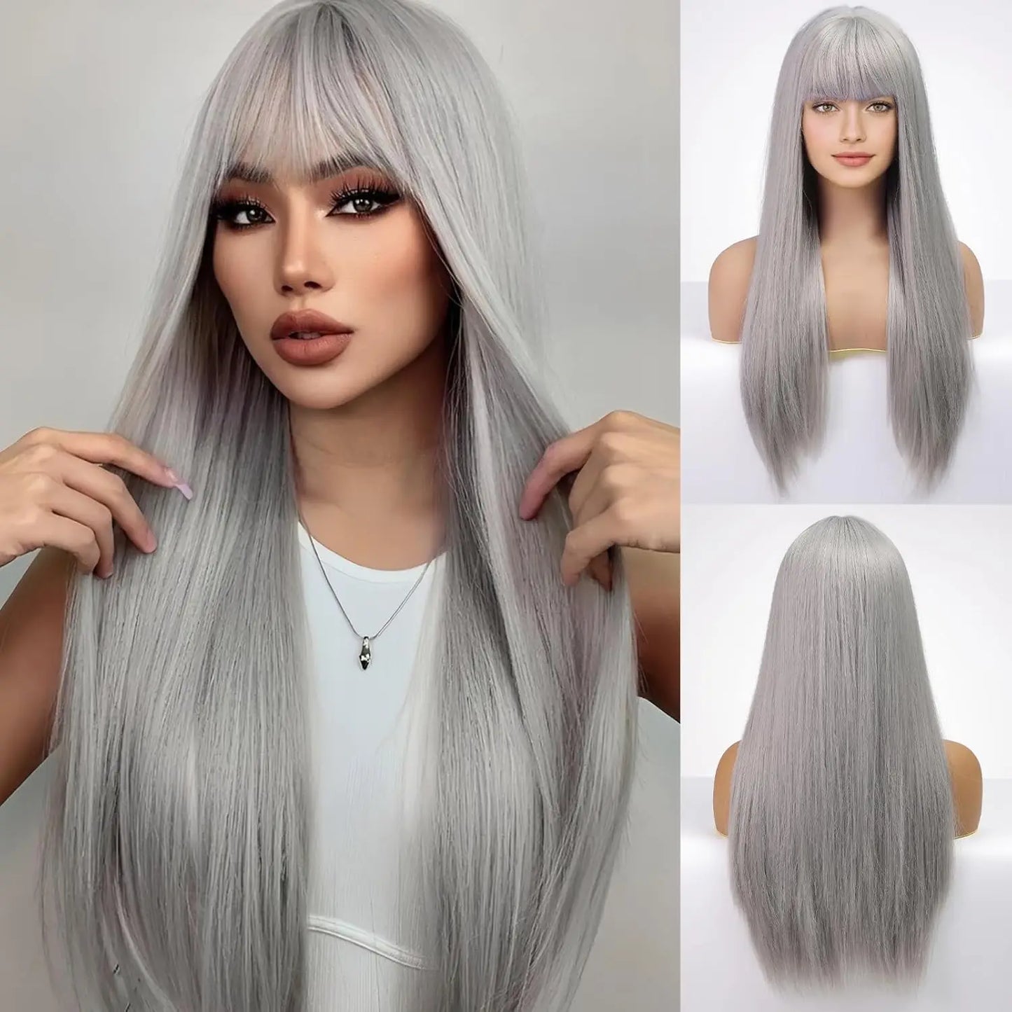 the HOT GIRL CLUB - Long Straight Synthetic Wigs, Air Bangs Natural Heat-Resistant Hair, Women Daily Halloween/Cosplay Party Full Head Cover