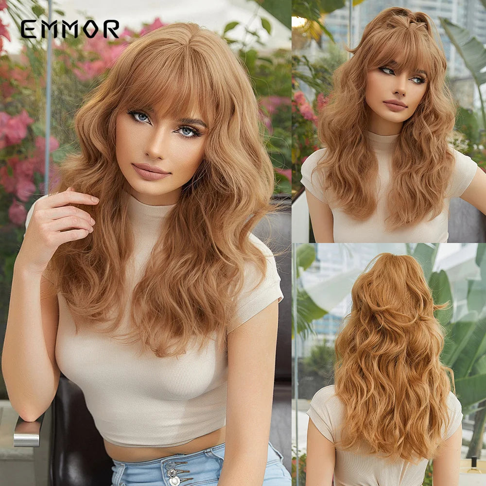 the RACHEL - Synthetic Light Brown Natural Medium Long Wavy Hair Wig with Bangs for Women, Heat Resistant Daily Cosplay Party Wigs