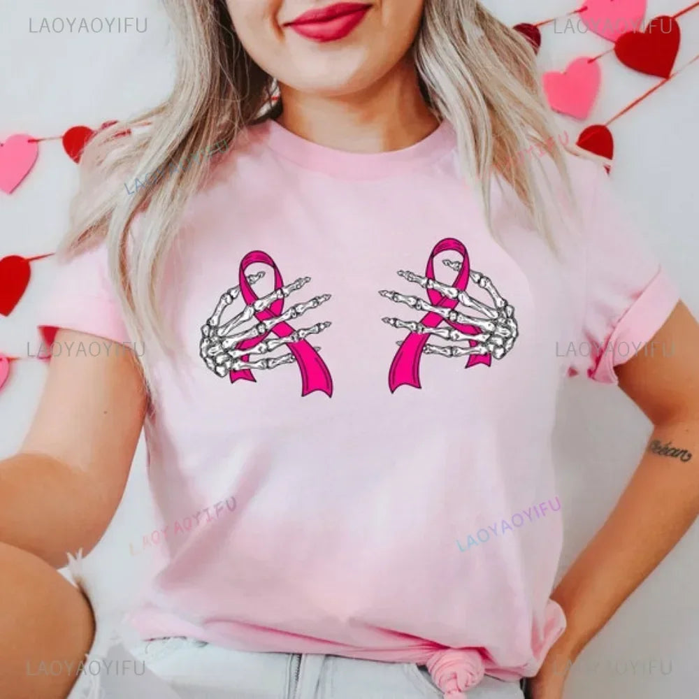 the SPOOKY HANDS - Skeleton Hands Pink Ribbon T-Shirt Breast Cancer Awareness