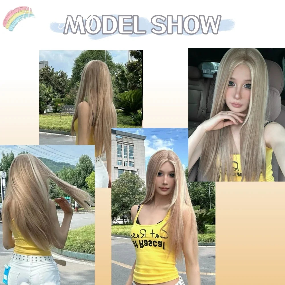 the STRAIGHT UP - Blonde Wig for Women, Long Straight Blonde Brown Wig, Asian American Lace Front Synthetic Wig for Daily Use Cosplay Ombre