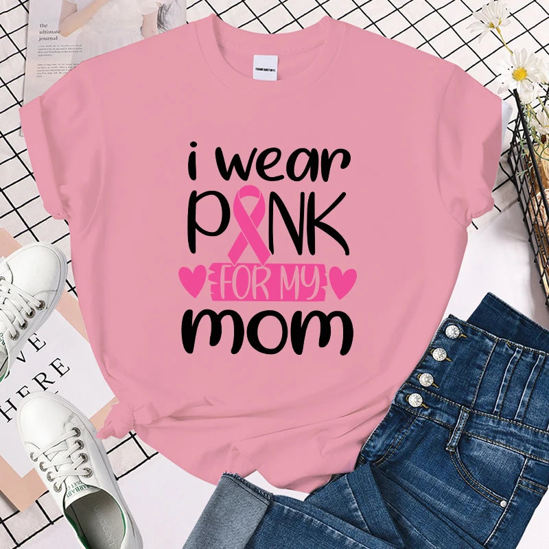the I WEAR PINK FOR MOM - Breast Cancer Awareness I Wear Pink for My Mom Print T-Shirt for Women