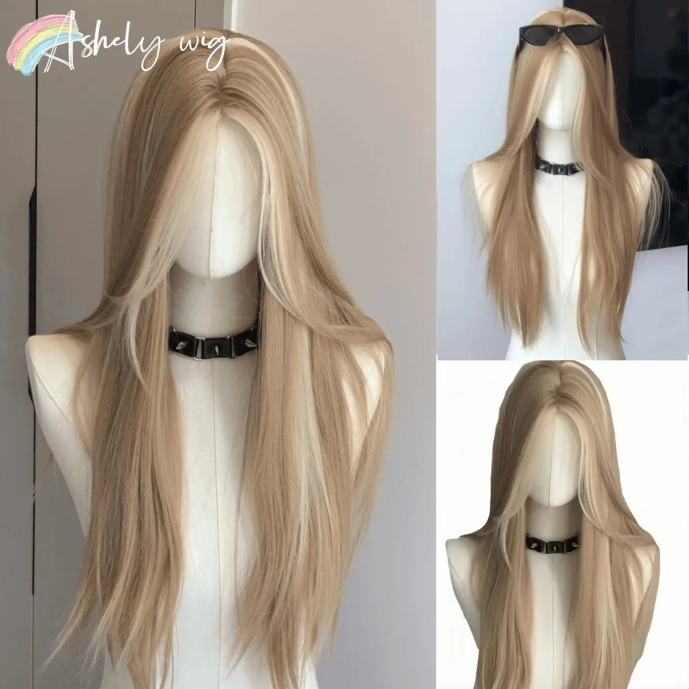 the STRAIGHT UP - Blonde Wig for Women, Long Straight Blonde Brown Wig, Asian American Lace Front Synthetic Wig for Daily Use Cosplay Ombre