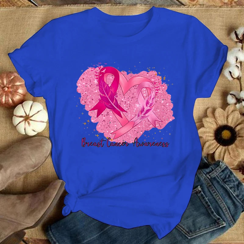 the GLITTER HEART - Breast Cancer Summer Graphic Casual Short Sleeve Round Neck T-Shirts