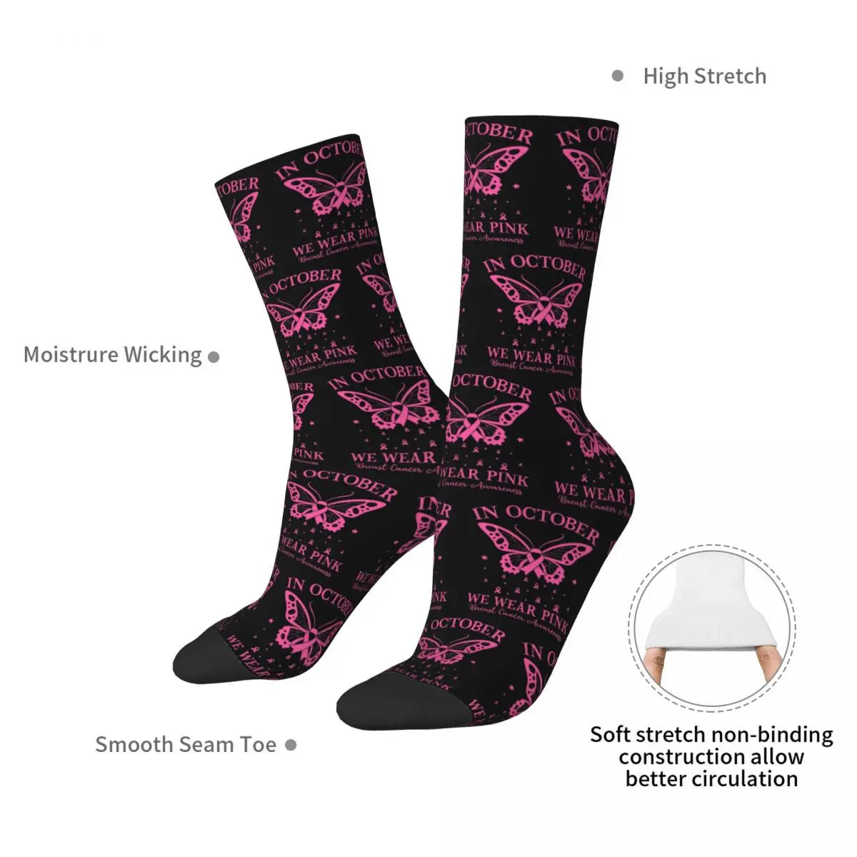the IN OCTOBER - In October We Wear Pink Butterfly Breast Cancer Awareness Socks