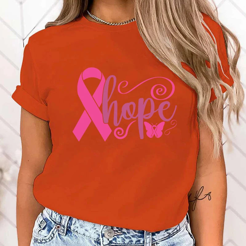 the HOPE RIBBON - Breast Cancer Awareness Hope Print Short Sleeve T-Shirts for Women